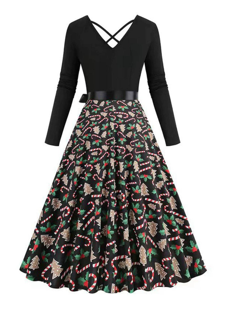 Robe noire à imprimé Noël col en V et dos croisé années 1950