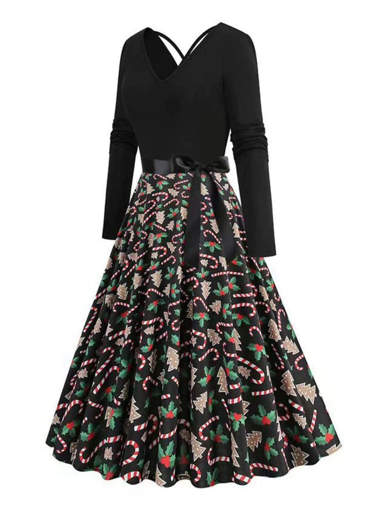 Robe noire à imprimé Noël col en V et dos croisé années 1950