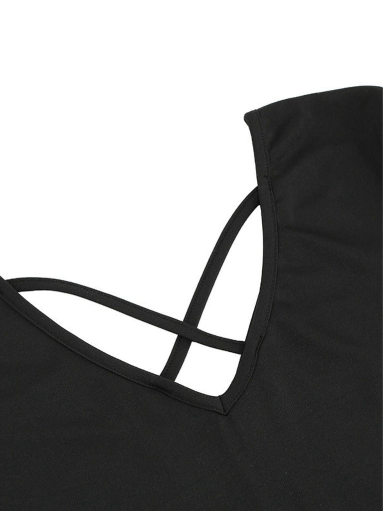 Robe noire à imprimé Noël col en V et dos croisé années 1950