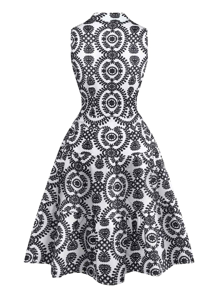 Robe noire à fleurs sans manches à revers années 1940