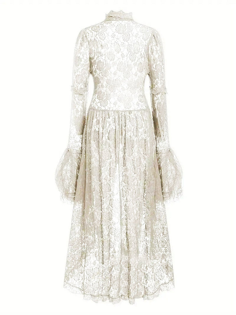 Robe victorienne noire en dentelle à manches gigot des années 1980