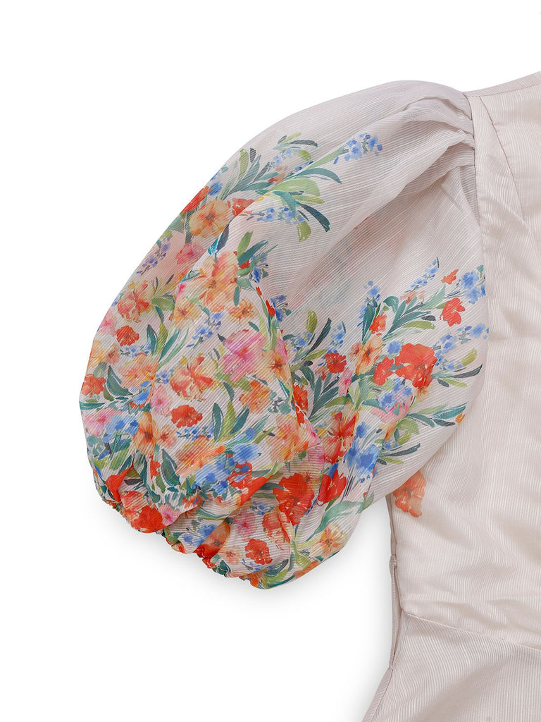 Robe multicolore à fleurs col en V manches lanternes années 1950