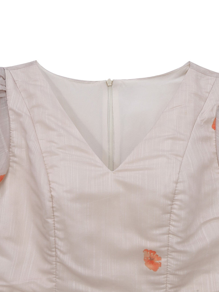 Robe multicolore à fleurs col en V manches lanternes années 1950