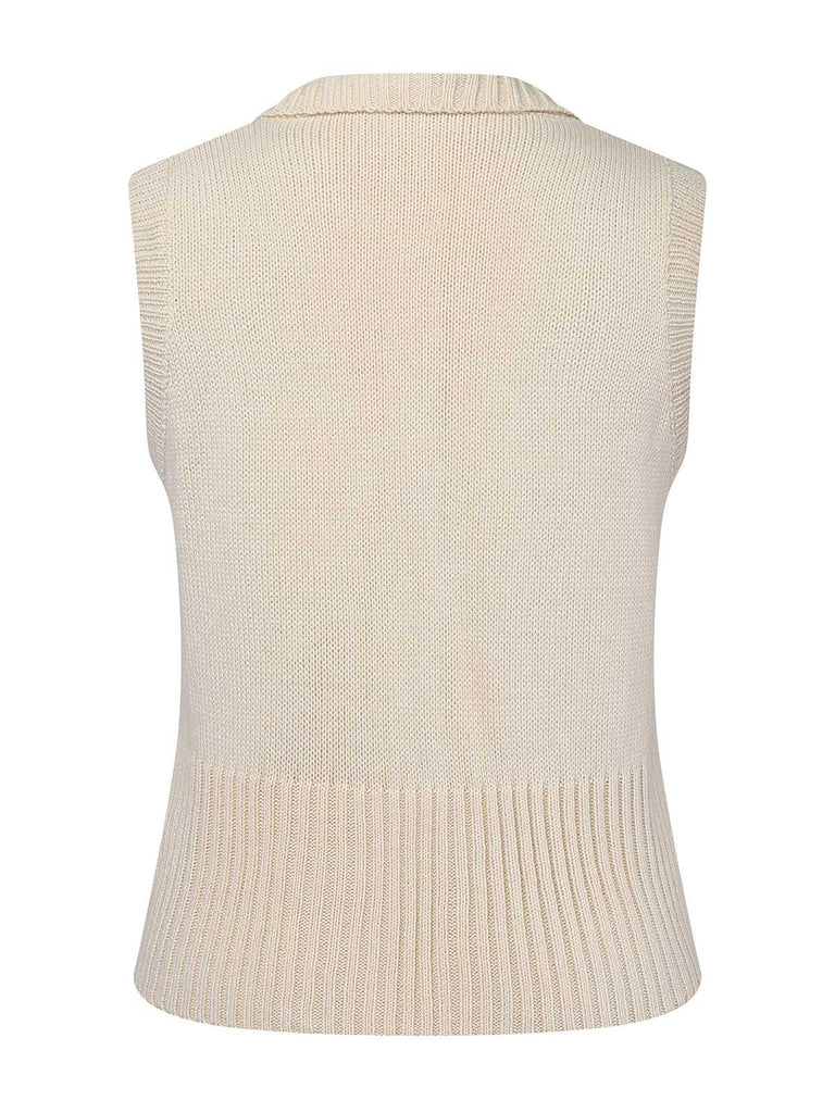Haut tricoté sans manches beige à revers des années 1950