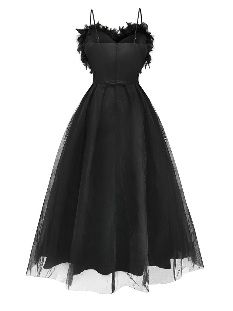 Robe noire en maille à plumes 3D unie des années 1930