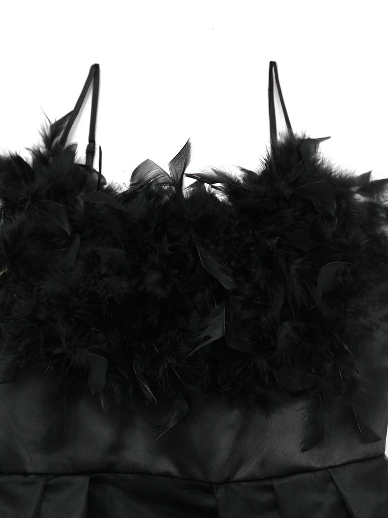 Robe noire en maille à plumes 3D unie des années 1930