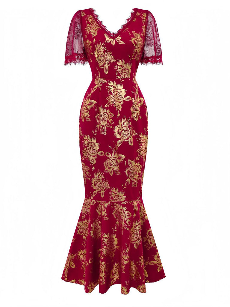 Robe sirène col en V  à fleurs dorées en dentelle patchwork rouge des années 1930
