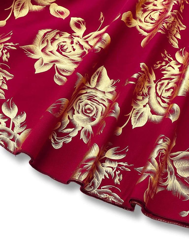 Robe sirène col en V  à fleurs dorées en dentelle patchwork rouge des années 1930