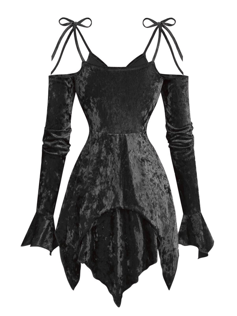 Robe en velours manches clochebretelles à lacets et ourlet irrégulier des années 1960