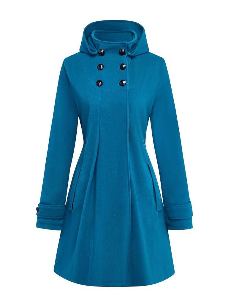 Manteau à capuche bleu uni en fausse laine des années 1930