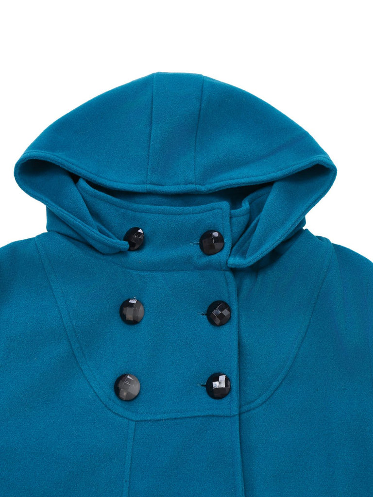 Manteau à capuche bleu uni en fausse laine des années 1930