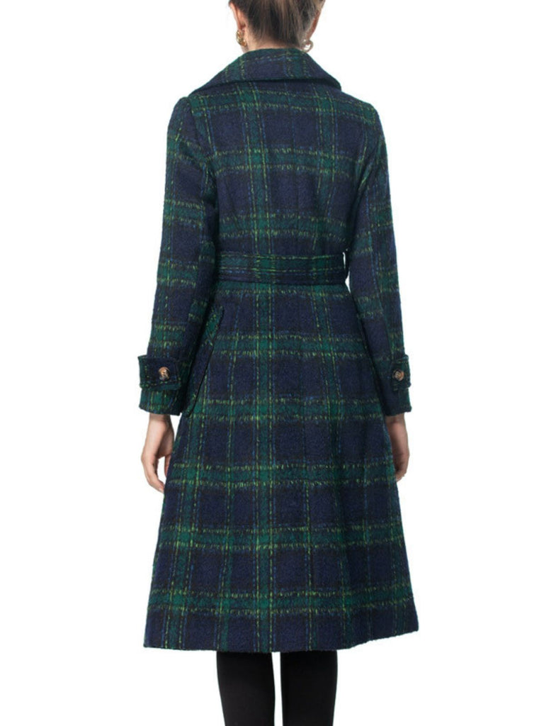 Manteau long vert à carreaux Blackwatch col cranté des années 1940