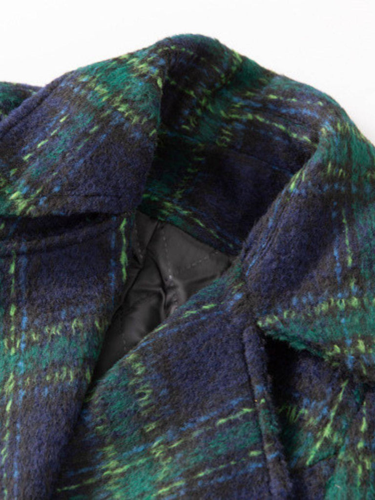 Manteau long vert à carreaux Blackwatch col cranté des années 1940