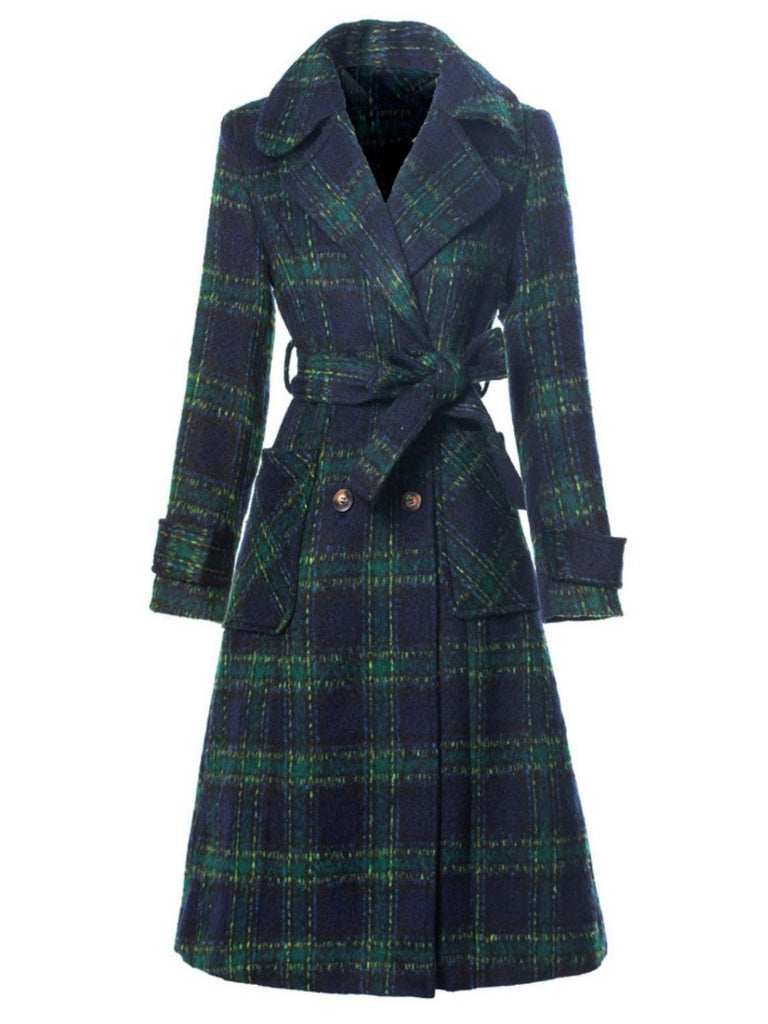 Manteau long vert à carreaux Blackwatch col cranté des années 1940