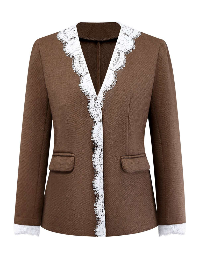 Veste marron patchwork de dentelle à manches longues nnées 1950