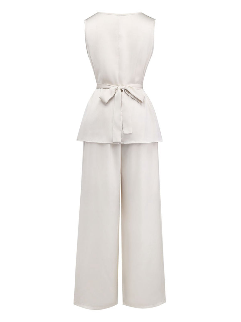 2PCS Haut et pantalon beiges à col bénitier sans manches, style années 1950