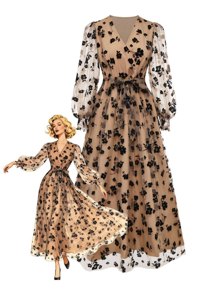 Robe beige à col en V en maille fleurie floquée années 1930