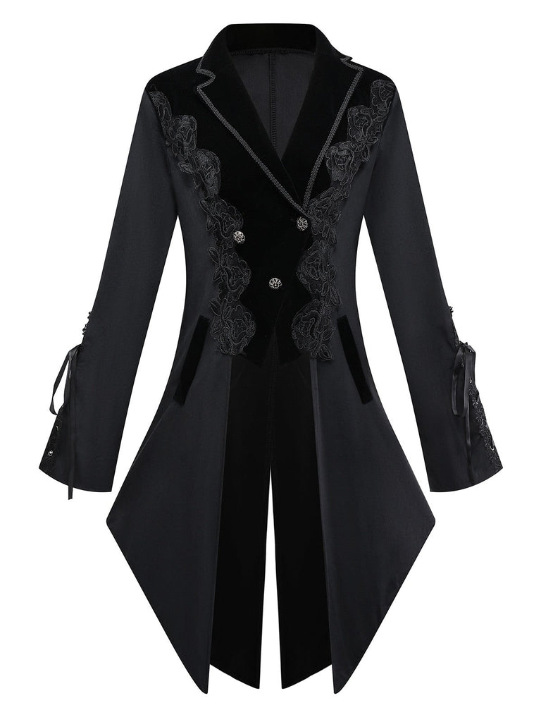 Veste noire brodée de fleurs de style victorien des années 1950