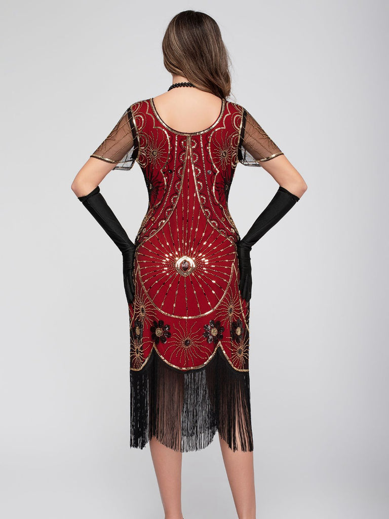 Robe à franges et paillettes à encolure dégagée des années 1920