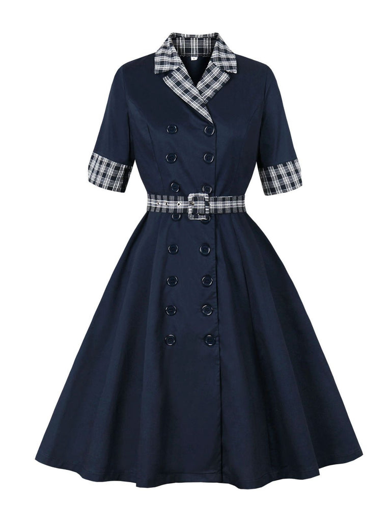 Robe croisée à carreaux col rever bleu avec ceinture des années 1950