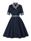 Robe croisée à carreaux col rever bleu avec ceinture des années 1950