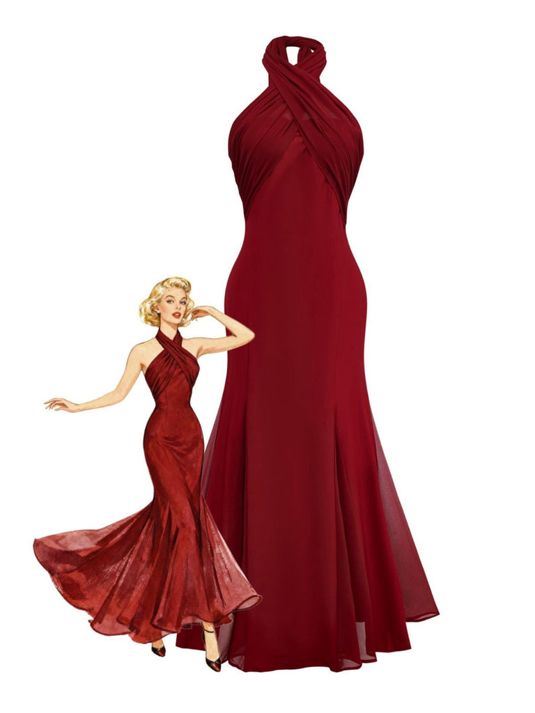 Robe convertible à col licou croisée en mousseline de soie années 1930