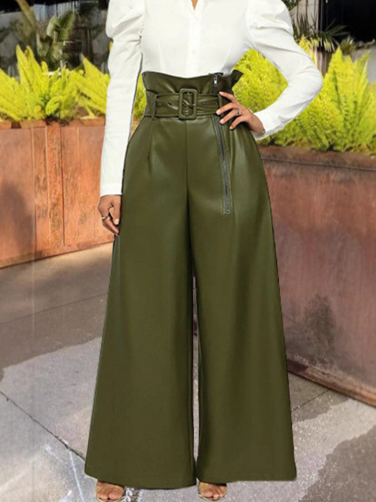 Pantalon large ceinturé en cuir PU massif des années 1980