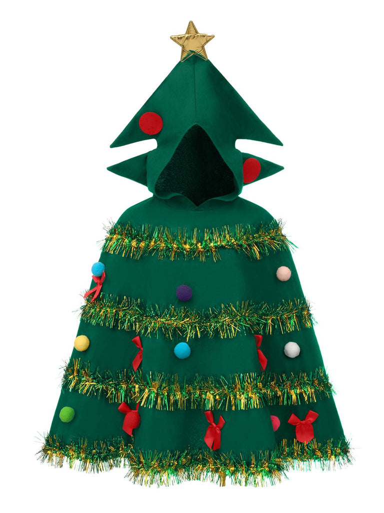 Cape à capuche embellie 3D avec sapin de Noël vert des années 1950