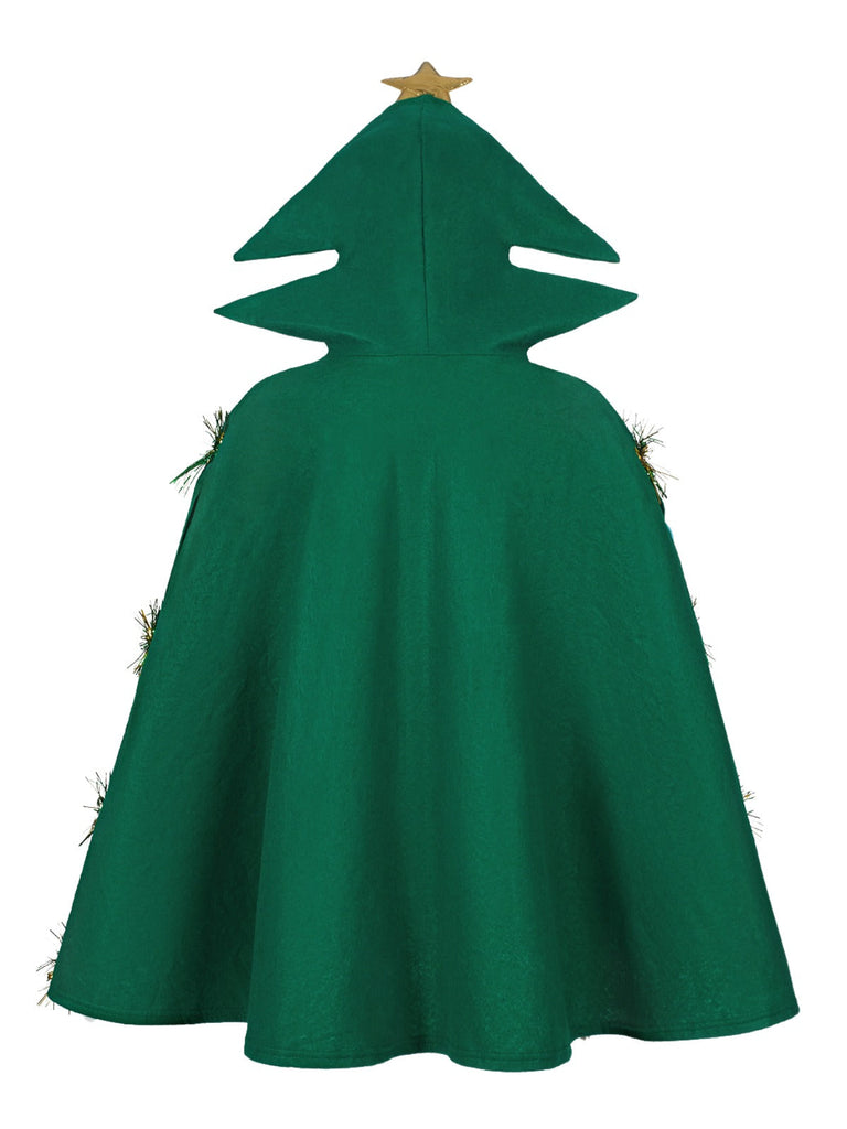 Cape à capuche embellie 3D avec sapin de Noël vert des années 1950