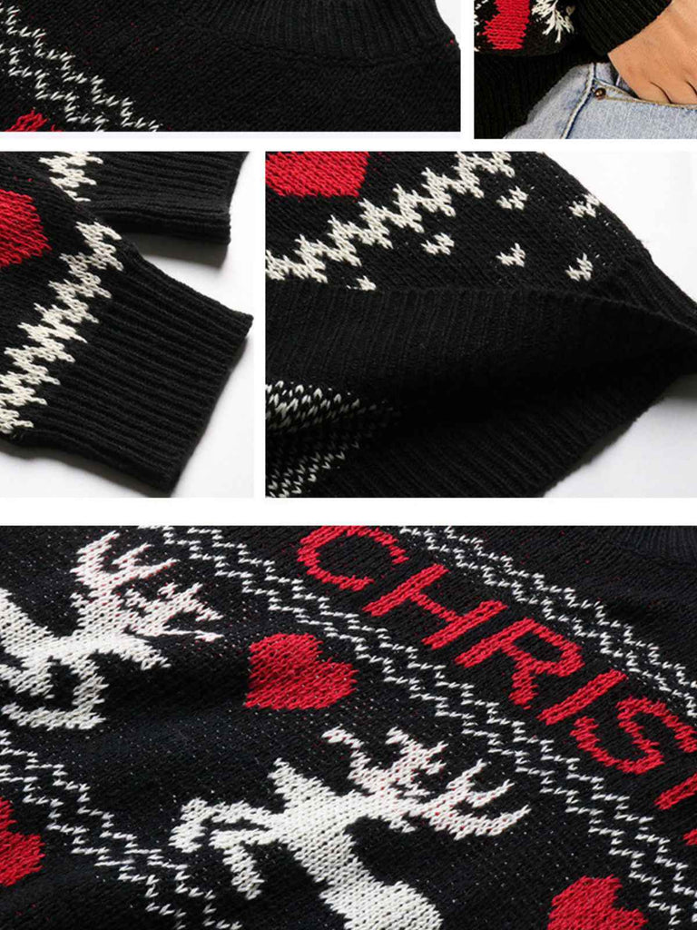 Pull noir motifs de cœurs et de rennes Joyeux Noël des années 1930