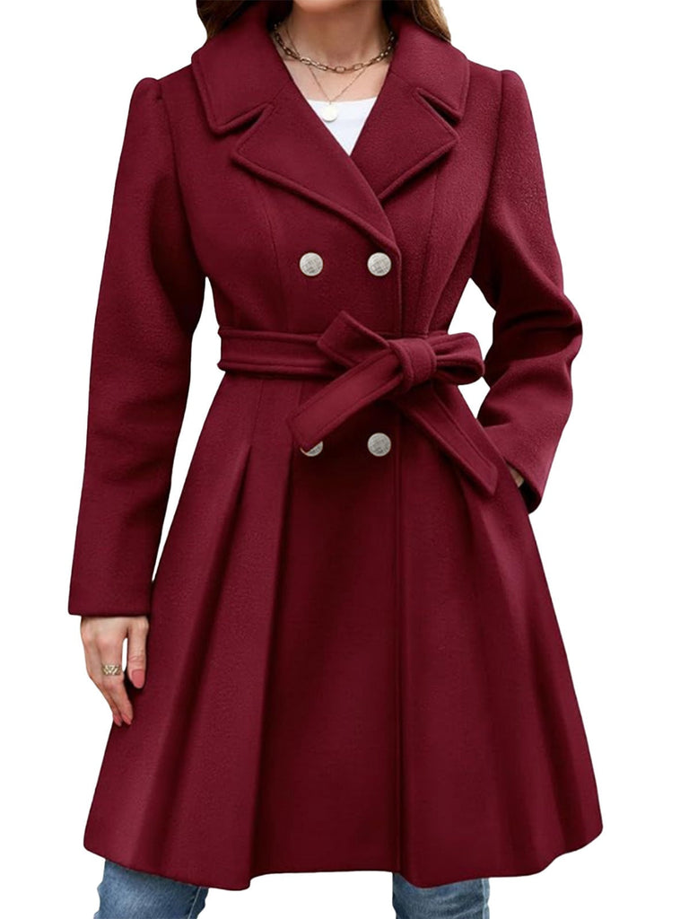Manteau croisé col cranté couleur uni avec ceinture des années 1950