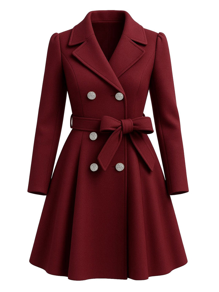 Manteau croisé col cranté couleur uni avec ceinture des années 1950