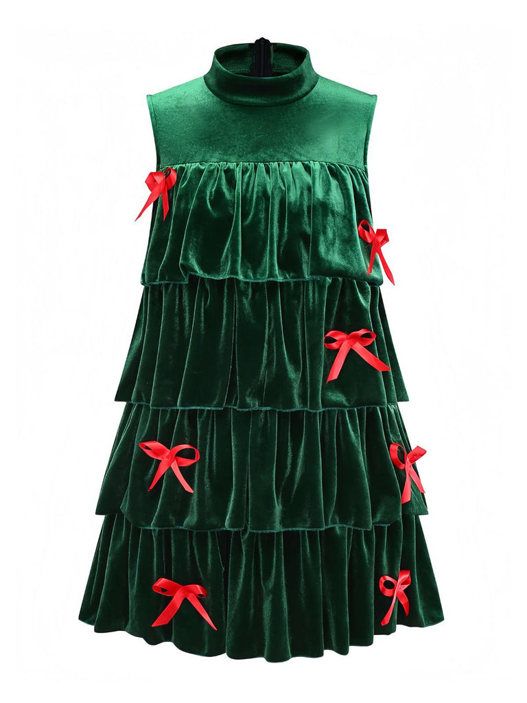 Robe à volants en velours col montant et nœud papillon vert des années 1960