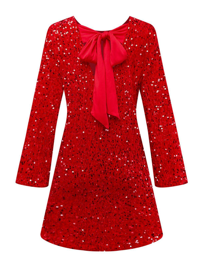Robe à paillettes rouge manches longues col rond avec nœud des années 1960