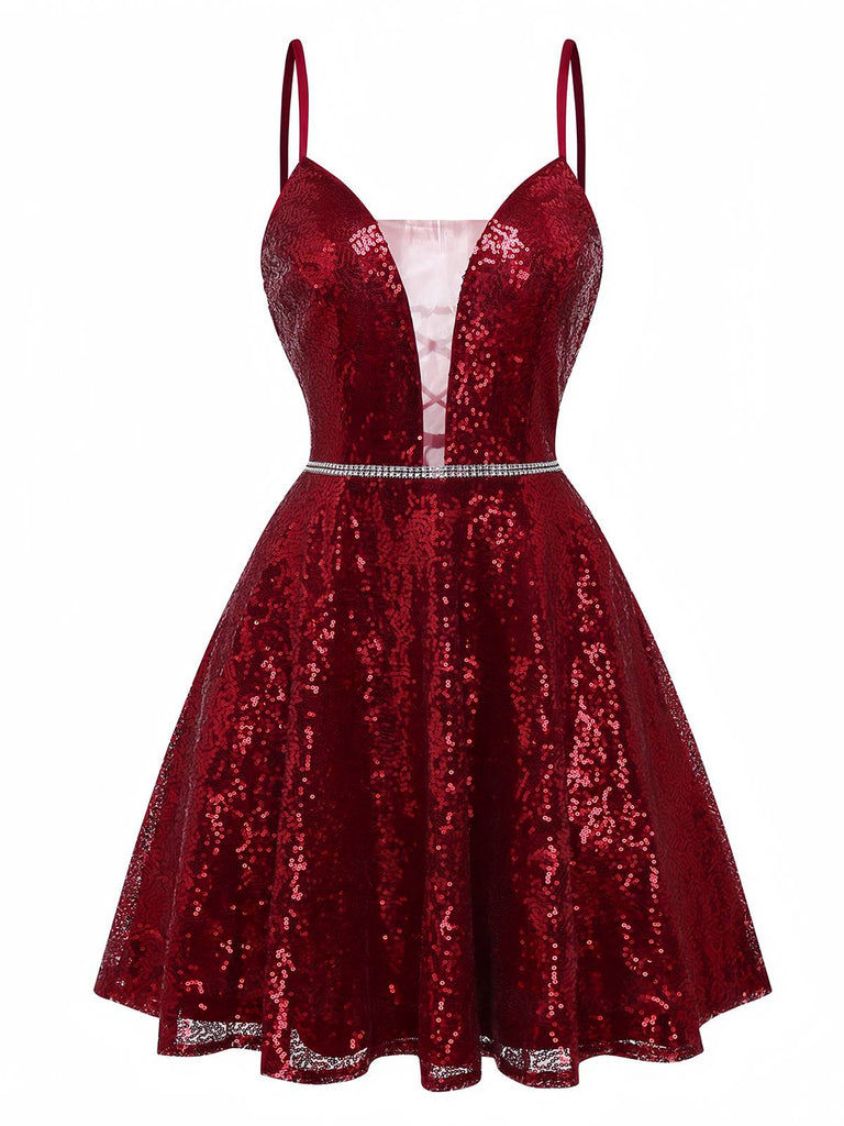 Robe en maille à paillettes col décolleté en V profond rouge vin des années 1950