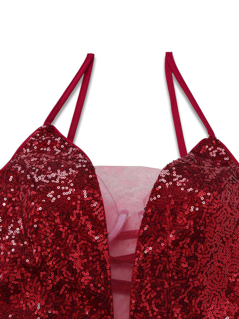 Robe en maille à paillettes col décolleté en V profond rouge vin des années 1950