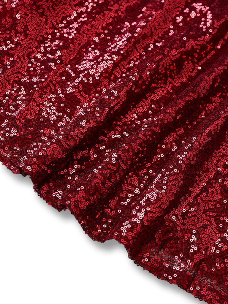 Robe en maille à paillettes col décolleté en V profond rouge vin des années 1950