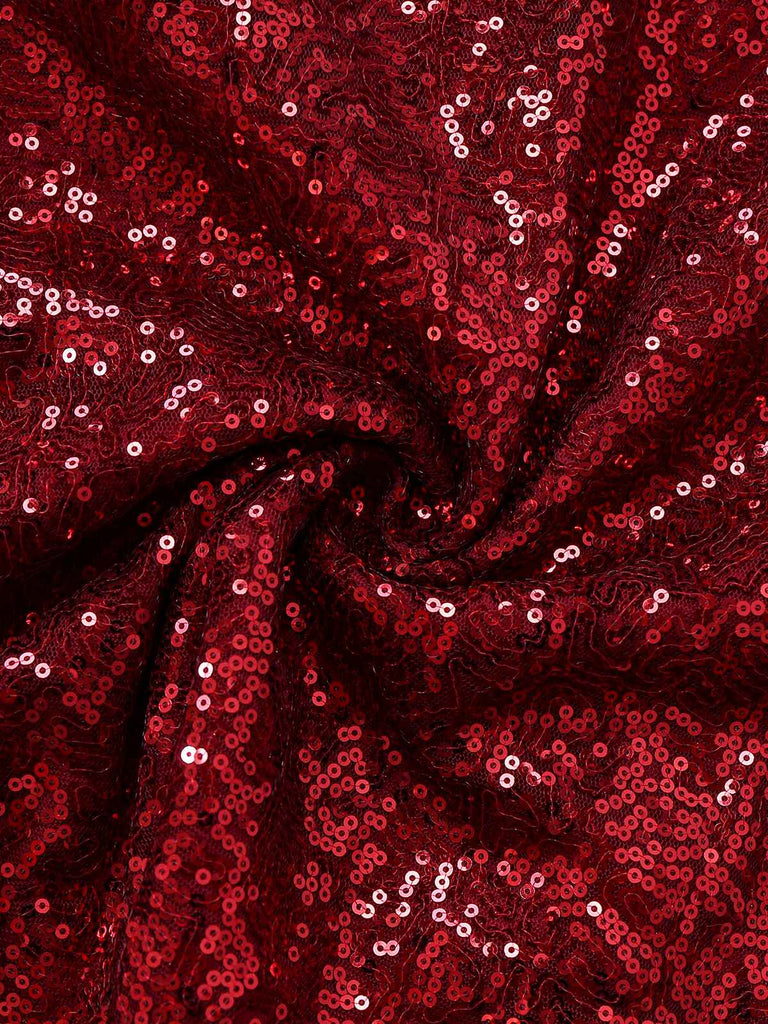 Robe en maille à paillettes col décolleté en V profond rouge vin des années 1950