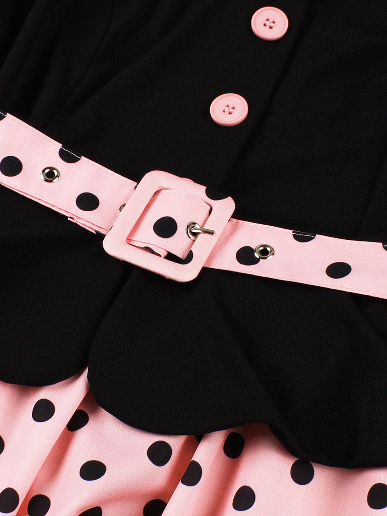 Robe trapèze à ceinture et revers à pois années 1950