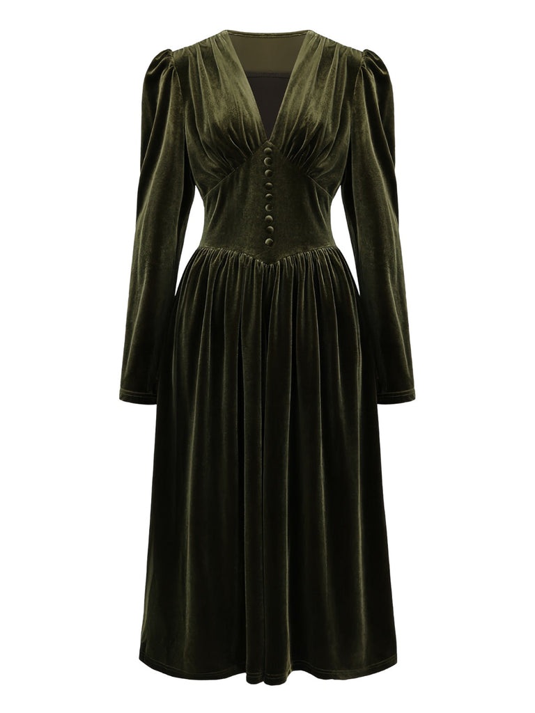 Robe verte en velours manches bouffantes col en V profond et froncées des années 1940
