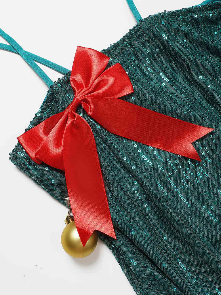 Robe verte à paillettes avec nœud et clochettes de Noël des années 1960
