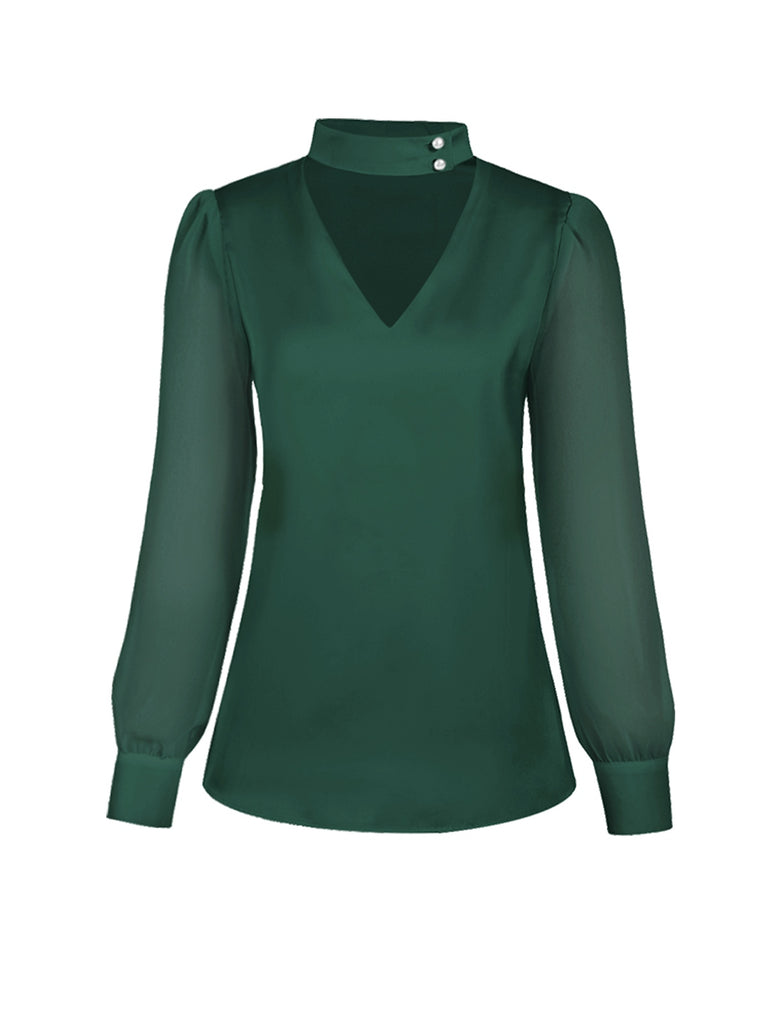 Chemisier manches bouffantes satin et pantalon bretelles à carreaux années 1940