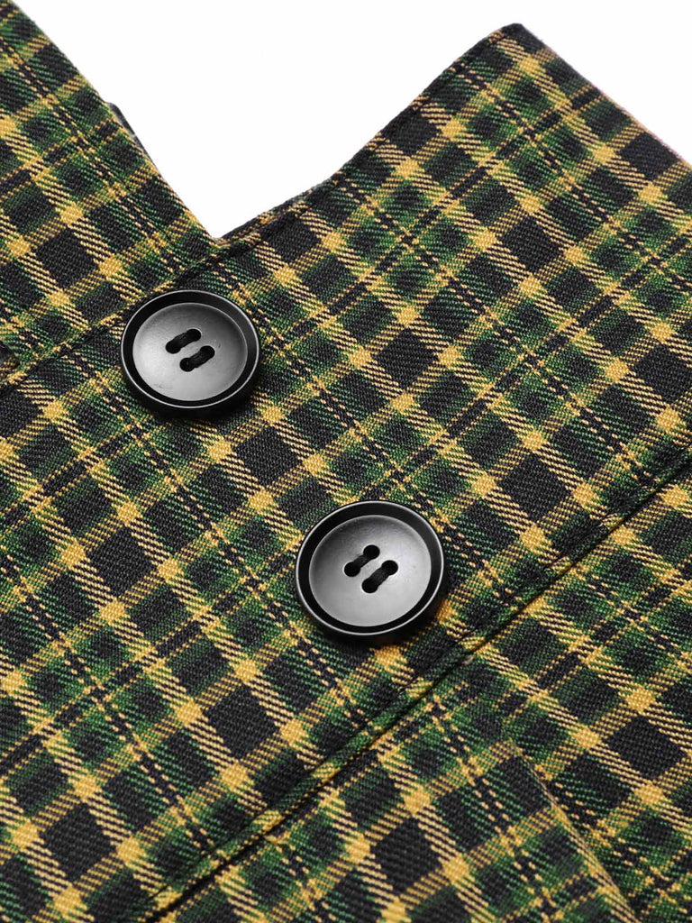 Chemisier manches bouffantes satin et pantalon bretelles à carreaux années 1940