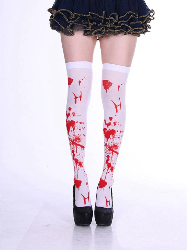 Bas cuissardes blancs et rouges à taches de sang pour Halloween