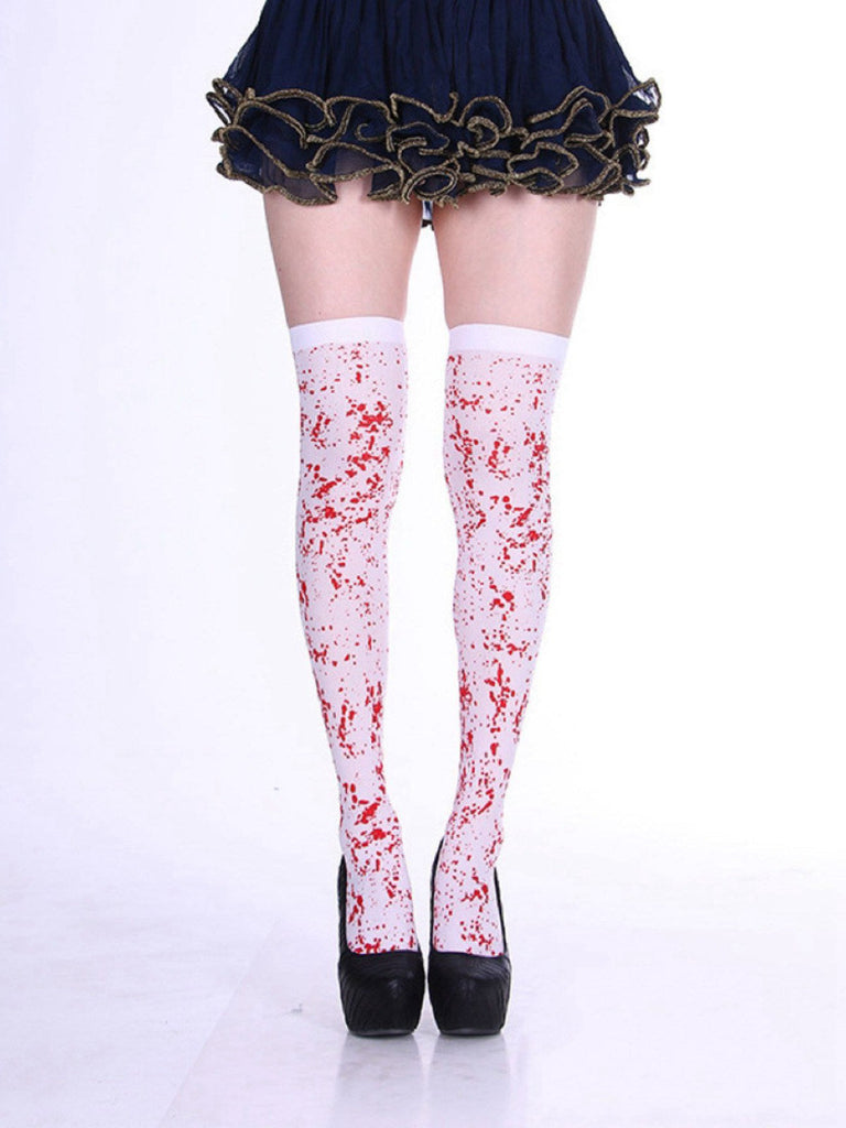 Bas cuissardes blancs et rouges à taches de sang pour Halloween