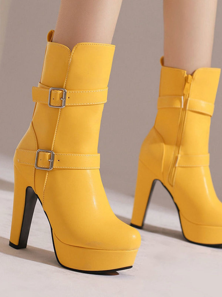 Bottes mi-mollet à talon compensé et bout rond en cuir synthétique