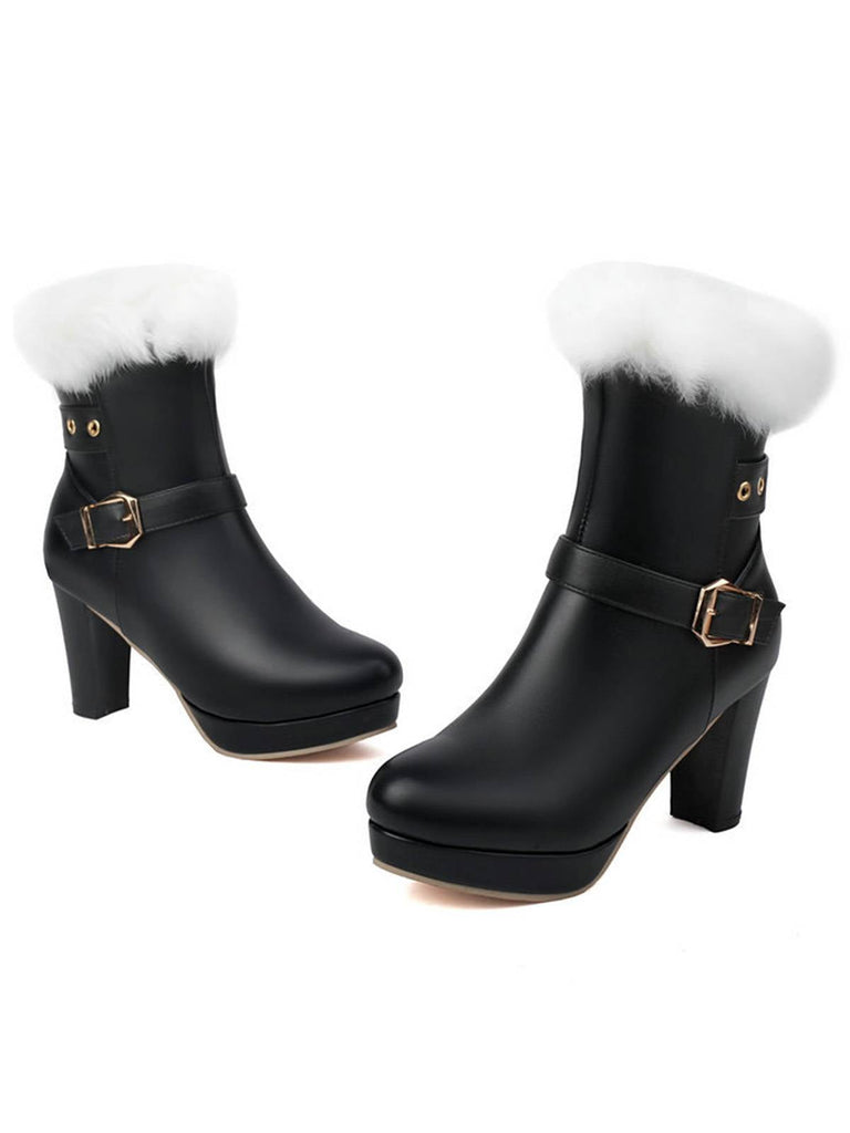 Bottes à talons hauts vintage en fausse fourrure avec boucle