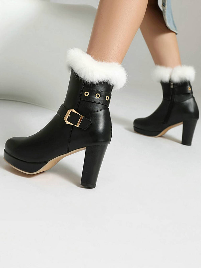 Bottes à talons hauts vintage en fausse fourrure avec boucle