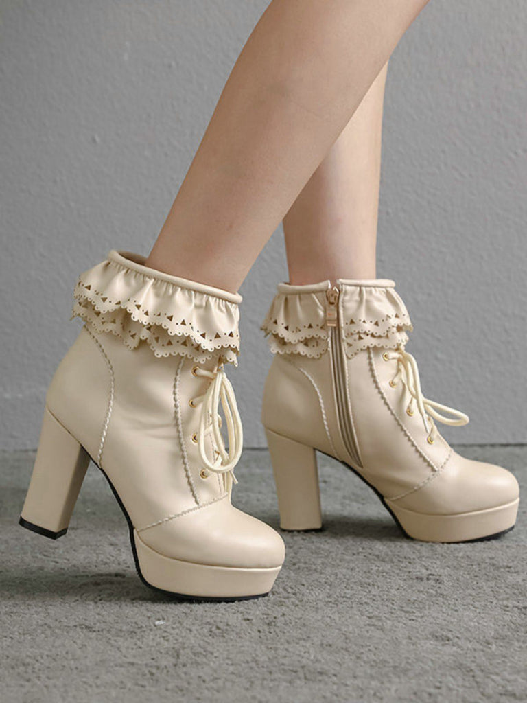 Bottes à talons hauts épais à lacets et volants vintage