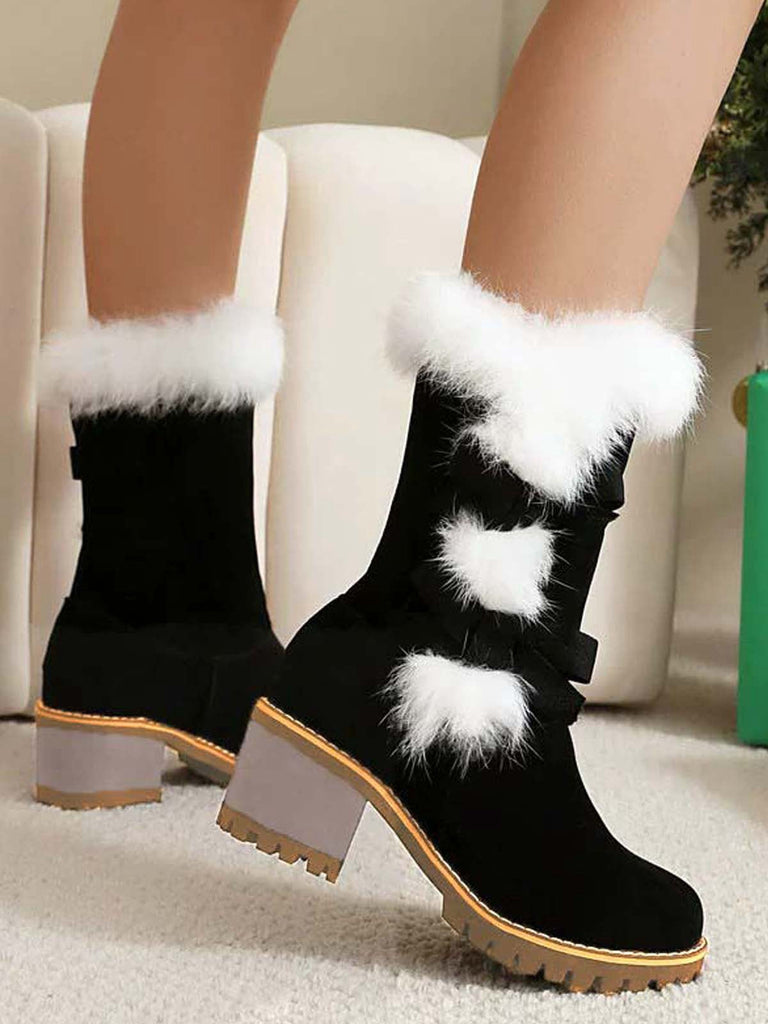 Bottes à talons épais et nœud papillon vintage avec bordure en peluche